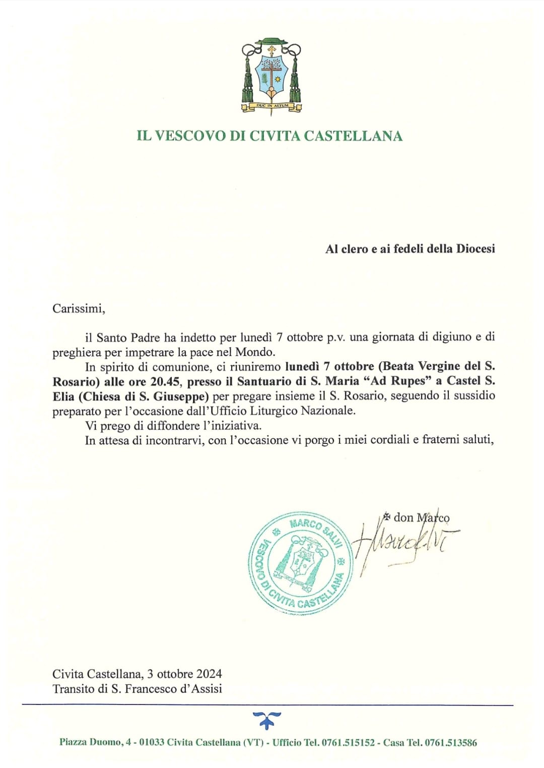 Al clero e ai fedeli della Diocesi